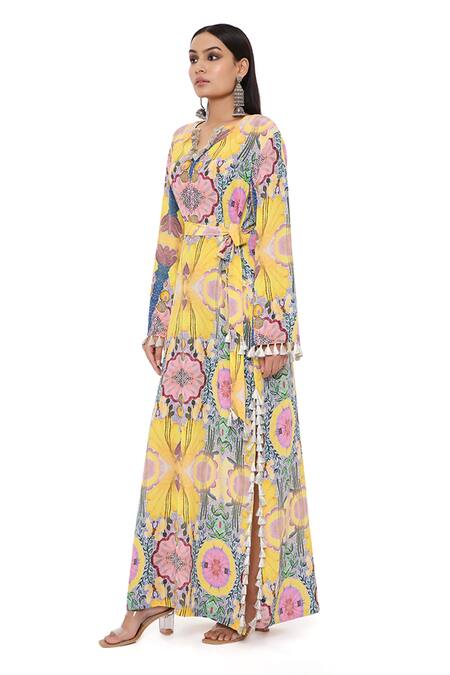 Shop_PS Pret By Payal Singhal_Yellow Crepe Printed Tropical Notched Enchanted Tassel Hem Kaftan _Online_at_Aza_Fashions