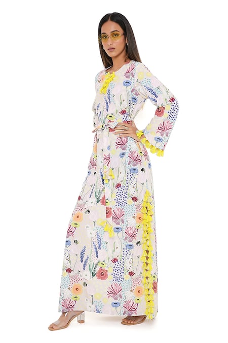 PS Pret by Payal Singhal_Grey Art Crepe Bee Garden Notched Print Kaftan _Online_at_Aza_Fashions