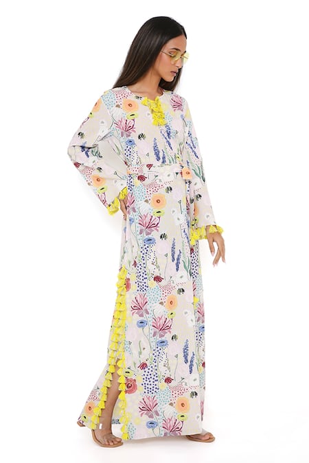 Buy_PS Pret by Payal Singhal_Grey Art Crepe Bee Garden Notched Print Kaftan _Online_at_Aza_Fashions