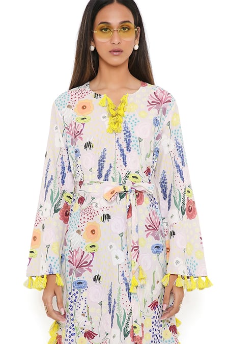 Shop_PS Pret by Payal Singhal_Grey Art Crepe Bee Garden Notched Print Kaftan _Online_at_Aza_Fashions
