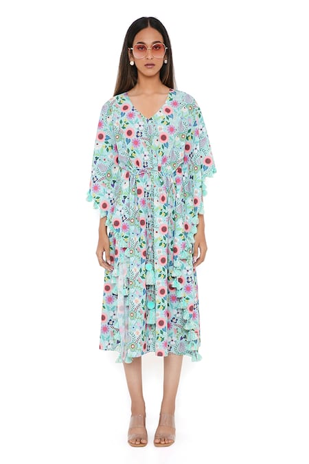 PS Pret By Payal Singhal_Blue Art Crepe Spring Floral Garden V Neck Kaftan _Online_at_Aza_Fashions