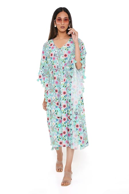 Buy_PS Pret By Payal Singhal_Blue Art Crepe Spring Floral Garden V Neck Kaftan _Online_at_Aza_Fashions