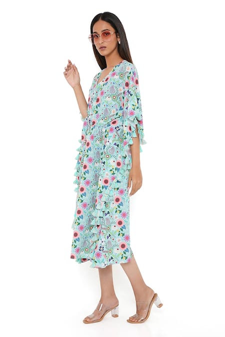 Shop_PS Pret By Payal Singhal_Blue Art Crepe Spring Floral Garden V Neck Kaftan _Online_at_Aza_Fashions