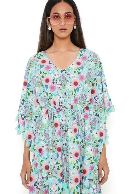 PS Pret By Payal Singhal_Blue Art Crepe Spring Floral Garden V Neck Kaftan _at_Aza_Fashions