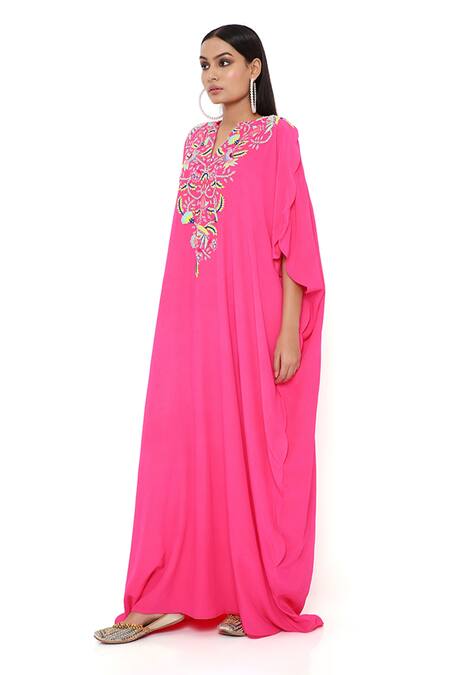 Shop_Payal Singhal_Pink Crepe Embroidery Thread Notched Floral Kaftan _Online_at_Aza_Fashions