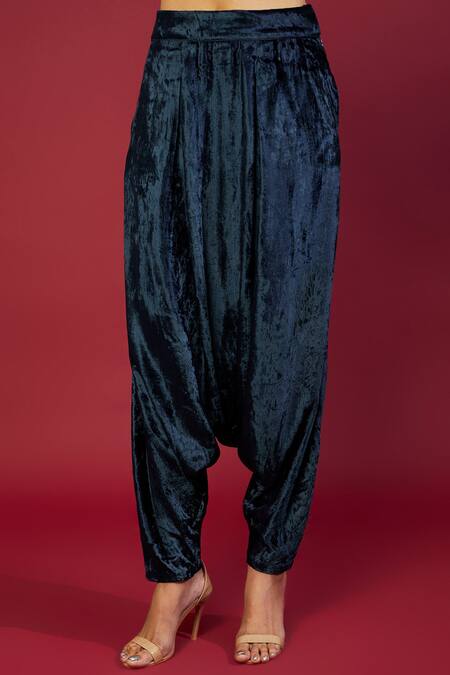 Payal Singhal_Blue Crepe Embroidery Floral Notched Neck Lotus Kaftan With Dhoti Pant_Online_at_Aza_Fashions