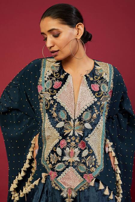 Buy_Payal Singhal_Blue Crepe Embroidery Floral Notched Neck Lotus Kaftan With Dhoti Pant_Online_at_Aza_Fashions