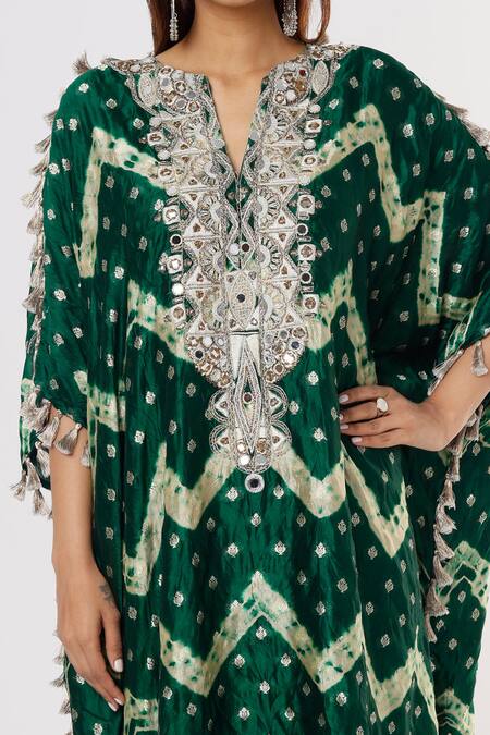 Payal Singhal Green Silk, Net Tassels Split Leheriya Bandhani Pattern Kurta With Churidar Online at Aza Fashions Payal Singhal_Green Silk, Net Tassels Split Leheriya Bandhani Pattern Kurta With Churidar _Online_at_Aza_Fashions