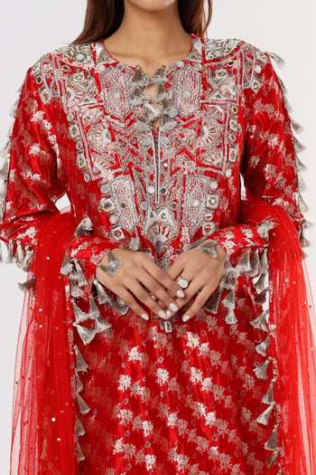 Buy_Payal Singhal_Red Silk, Georgette, Net Tassels, Embroidery, Sequins Banarasi Mirror Kurta Set_Online_at_Aza_Fashions