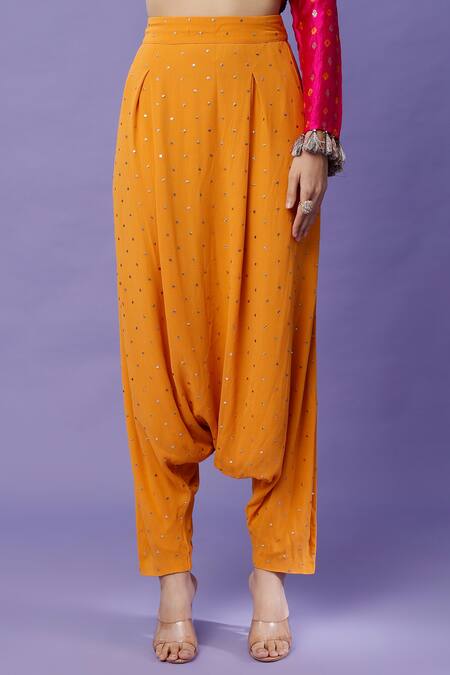 Payal Singhal_Pink Silk, Georgette Tassels Split V-neck Bandhani Pattern Kurta With Dhoti Pant_Online_at_Aza_Fashions