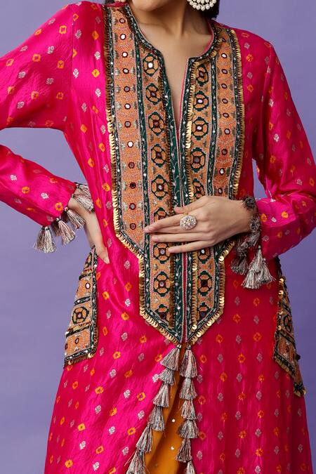 Buy_Payal Singhal_Pink Silk, Georgette Tassels Split V-neck Bandhani Pattern Kurta With Dhoti Pant_Online_at_Aza_Fashions