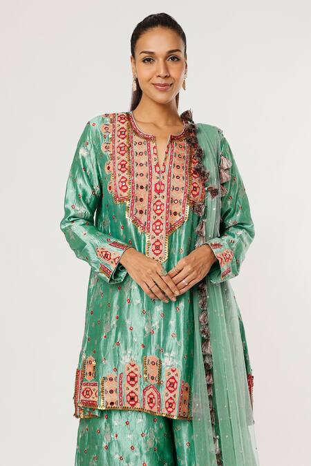 Buy_Payal Singhal_Blue Silk, Net Tassels, Embroidery Split V-neck Bandhani Pattern Kurta Set_Online_at_Aza_Fashions