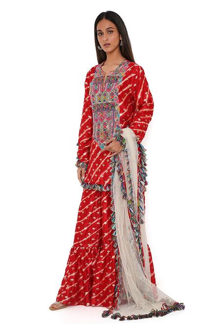 Payal Singhal_Red Silk, Net Bandhani, Leheriya Pattern Notched Kurta Sharara Set _Online_at_Aza_Fashions