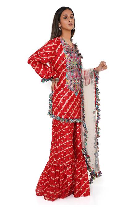 Buy_Payal Singhal_Red Silk, Net Bandhani, Leheriya Pattern Notched Kurta Sharara Set _Online_at_Aza_Fashions