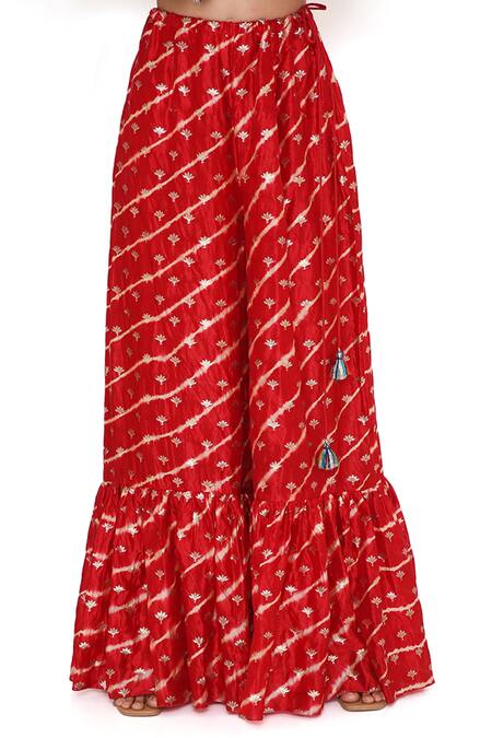 Shop_Payal Singhal_Red Silk, Net Bandhani, Leheriya Pattern Notched Kurta Sharara Set _Online_at_Aza_Fashions