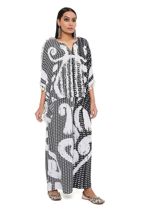 Buy_PS Pret By Payal Singhal_Black Crepe Printed Uzbek Notched Kaftan And Palazzo Set _Online_at_Aza_Fashions
