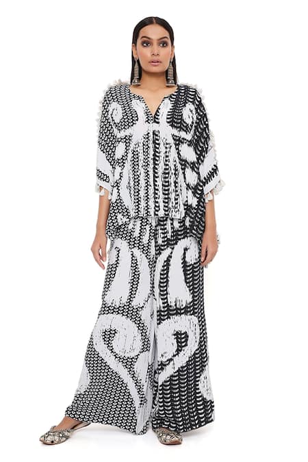 PS Pret By Payal Singhal_Black Crepe Printed Uzbek Notched Kaftan And Palazzo Set _at_Aza_Fashions