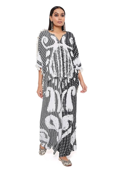 Shop_PS Pret By Payal Singhal_Black Crepe Printed Uzbek Notched Kaftan And Palazzo Set _Online_at_Aza_Fashions