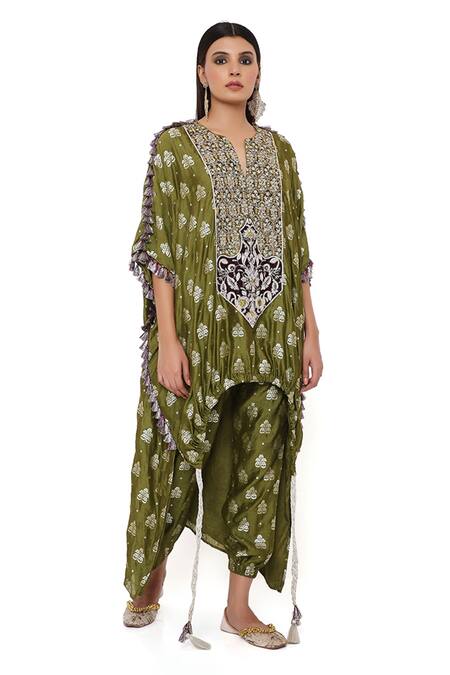Payal Singhal_Green Banarasi Floral Motifs Notched High Low Kurta And Jogger Set_Online_at_Aza_Fashions