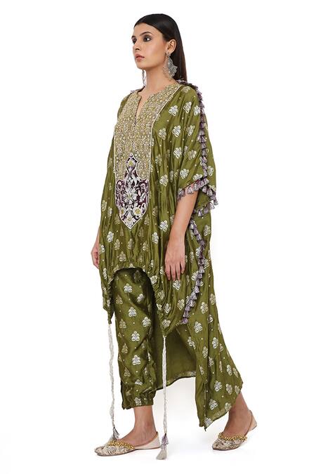 Buy_Payal Singhal_Green Banarasi Floral Motifs Notched High Low Kurta And Jogger Set_Online_at_Aza_Fashions