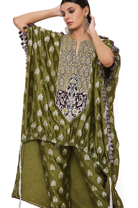 Shop_Payal Singhal_Green Banarasi Floral Motifs Notched High Low Kurta And Jogger Set_Online_at_Aza_Fashions