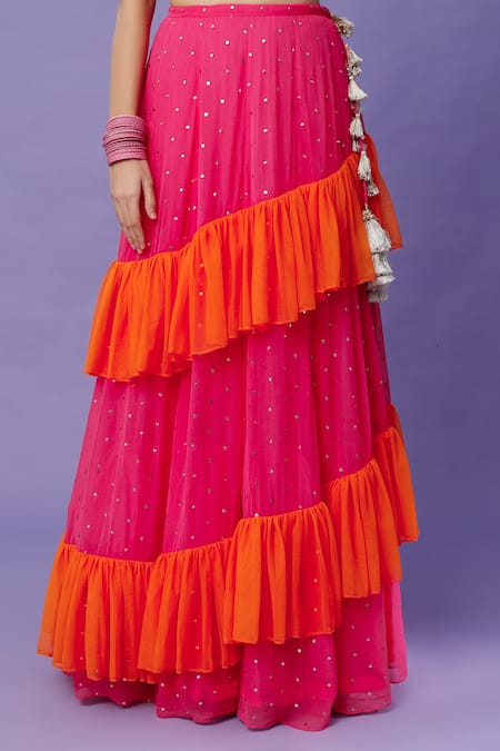 Payal Singhal_Pink Georgette, Net Sequins V-neck Colorblock Frill Lehenga With Blouse_Online_at_Aza_Fashions