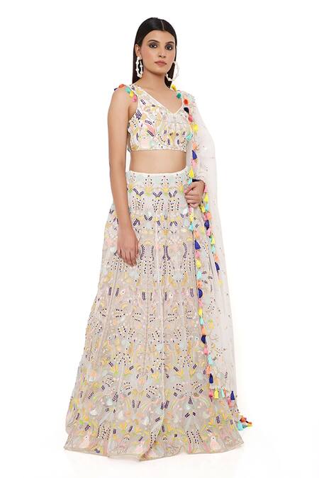 Buy Payal Singhal Off White Organza Embroidery Thread V Neck Floral Bridal Lehenga Set Online at Aza Fashions Buy_Payal Singhal_Off White Organza Embroidery Thread V Neck Floral Bridal Lehenga Set _Online_at_Aza_Fashions