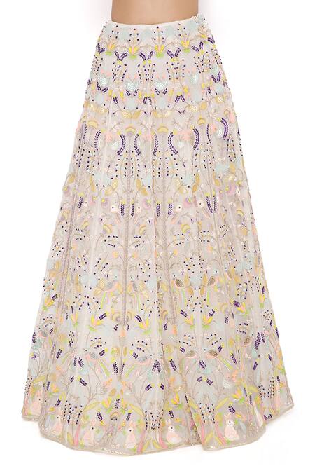 Payal Singhal Off White Organza Embroidery Thread V Neck Floral Bridal Lehenga Set at Aza Fashions Payal Singhal_Off White Organza Embroidery Thread V Neck Floral Bridal Lehenga Set _at_Aza_Fashions
