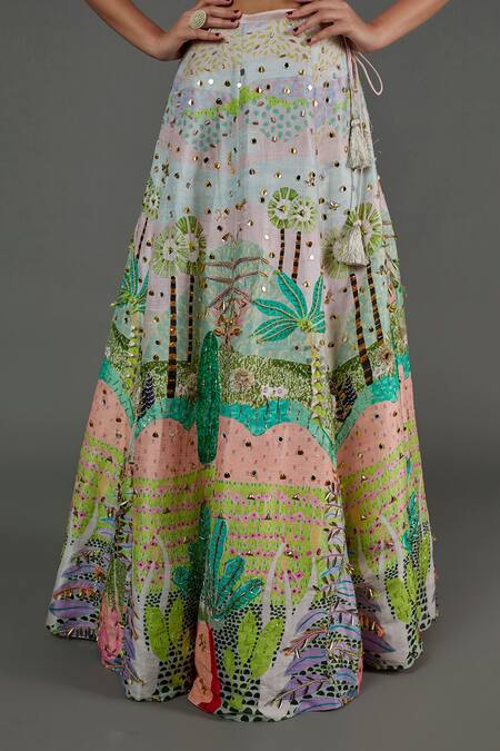 Payal Singhal Pink Net, Georgette, Silk, Denim Embroidery Square Tropical Print Lehenga Set Online at Aza Fashions Payal Singhal_Pink Net, Georgette, Silk, Denim Embroidery Square Tropical Print Lehenga Set _Online_at_Aza_Fashions