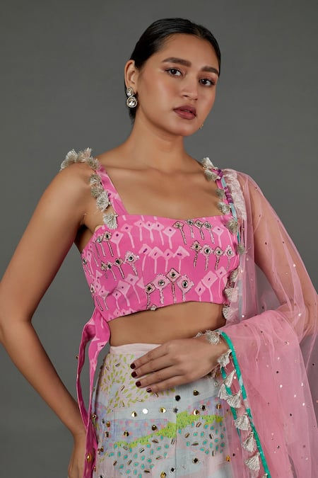 Buy Payal Singhal Pink Net, Georgette, Silk, Denim Embroidery Square Tropical Print Lehenga Set Online at Aza Fashions Buy_Payal Singhal_Pink Net, Georgette, Silk, Denim Embroidery Square Tropical Print Lehenga Set _Online_at_Aza_Fashions