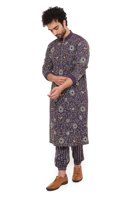 Buy_PS Men By Payal Singhal_Purple Georgette Embroidered Floral Kurta And Joggers Set _Online_at_Aza_Fashions