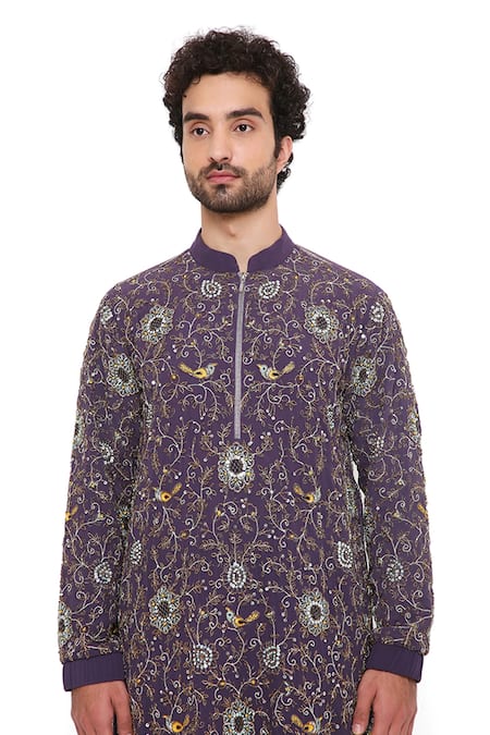 Shop_PS Men By Payal Singhal_Purple Georgette Embroidered Floral Kurta And Joggers Set _Online_at_Aza_Fashions