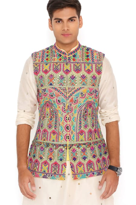 Shop_PS Men By Payal Singhal_Yellow Bundi  Georgette Embroidered Thread Set _Online_at_Aza_Fashions