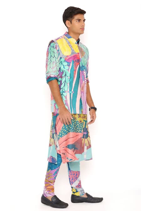 PS Men By Payal Singhal_Purple Silk Tropical Print Bundi Kurta Set_Online_at_Aza_Fashions