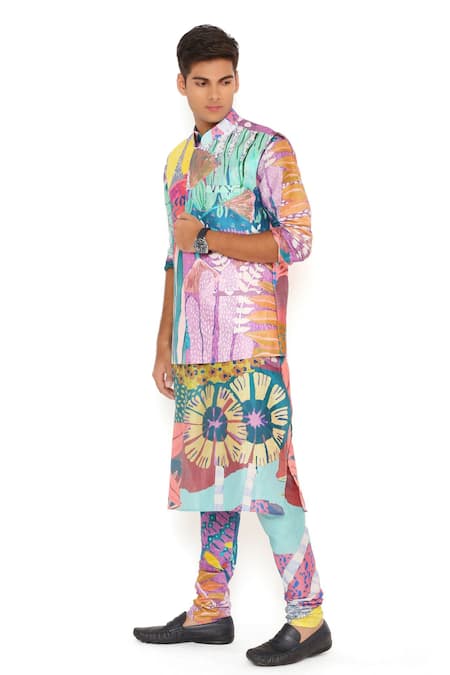 PS Men By Payal Singhal_Purple Silk Tropical Print Bundi Kurta Set_at_Aza_Fashions
