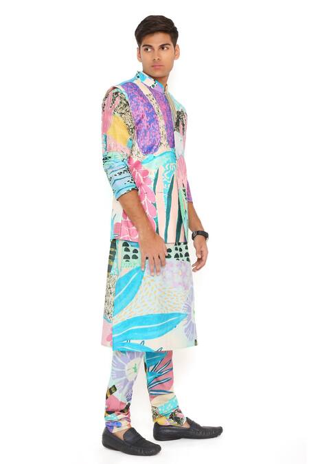 PS Men By Payal Singhal_Blue Silk Tropical Print Bundi Kurta Set_Online_at_Aza_Fashions