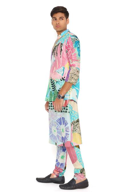 Buy_PS Men By Payal Singhal_Blue Silk Tropical Print Bundi Kurta Set_Online_at_Aza_Fashions