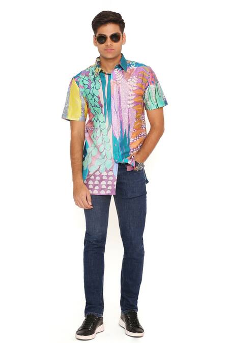 PS Men By Payal Singhal_Purple Silk Tropical Print Shirt_Online_at_Aza_Fashions
