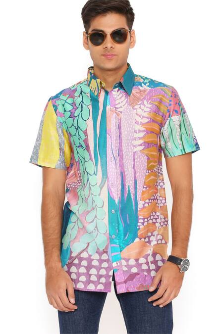 PS Men By Payal Singhal_Purple Silk Tropical Print Shirt_at_Aza_Fashions