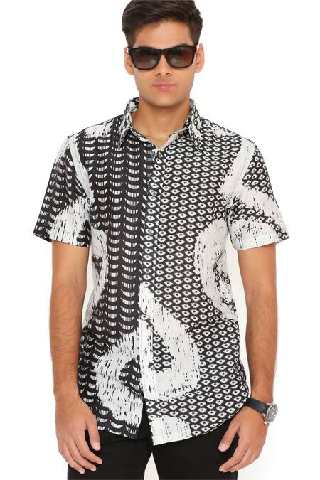 Buy_PS Men By Payal Singhal_Black Silk Embroidery Uzbec Print Shirt_Online_at_Aza_Fashions