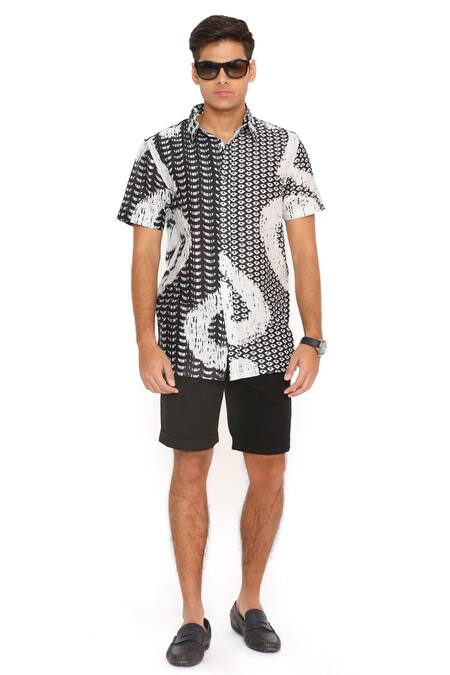 Shop_PS Men By Payal Singhal_Black Silk Embroidery Uzbec Print Shirt_Online_at_Aza_Fashions