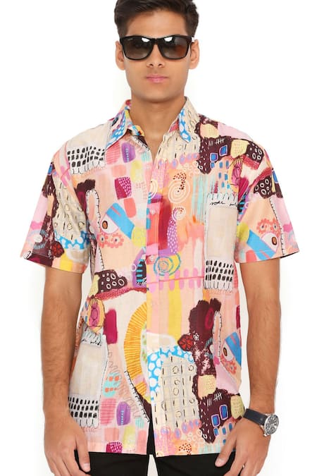 Buy_PS Men By Payal Singhal_Peach Silk Trance Print Mulmul Shirt _Online_at_Aza_Fashions