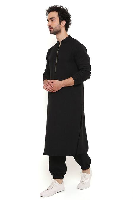 Shop_PS Men By Payal Singhal_Black Linen Plain Solid Bomber Kurta And Joggers Set _Online_at_Aza_Fashions