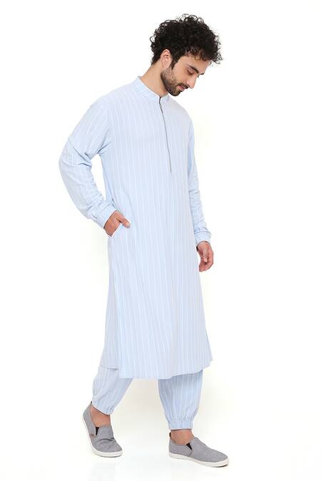 Buy_PS Men By Payal Singhal_Blue Lycra Striped Bomber Kurta And Jogger Pant Set _Online_at_Aza_Fashions