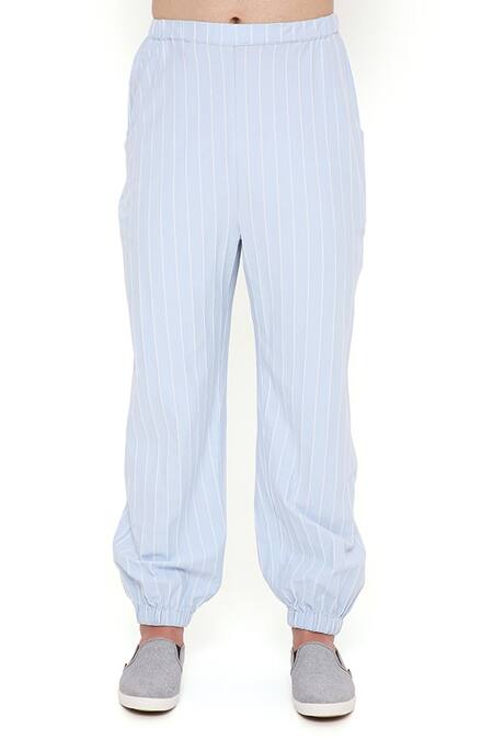 PS Men By Payal Singhal_Blue Lycra Striped Bomber Kurta And Jogger Pant Set _at_Aza_Fashions