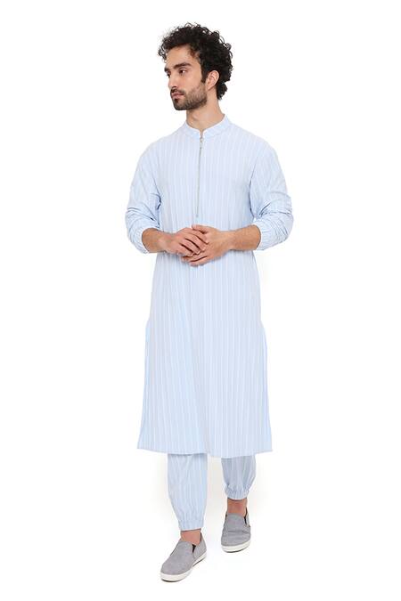 Shop_PS Men By Payal Singhal_Blue Lycra Striped Bomber Kurta And Jogger Pant Set _Online_at_Aza_Fashions