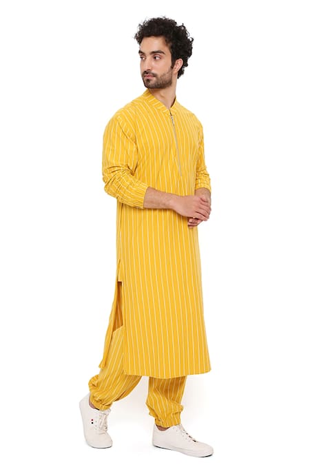 Buy_PS Men By Payal Singhal_Yellow Lycra Striped Bomber Kurta And Joggers Set _Online_at_Aza_Fashions
