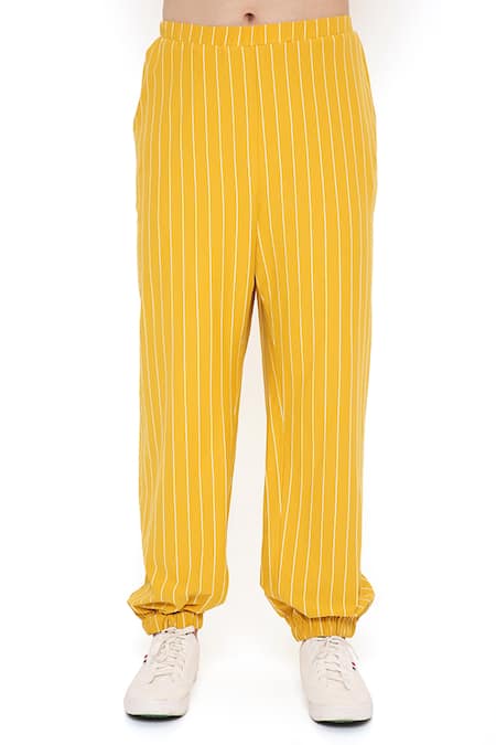PS Men By Payal Singhal_Yellow Lycra Striped Bomber Kurta And Joggers Set _at_Aza_Fashions