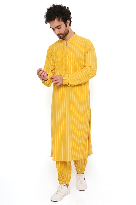 Shop_PS Men By Payal Singhal_Yellow Lycra Striped Bomber Kurta And Joggers Set _Online_at_Aza_Fashions