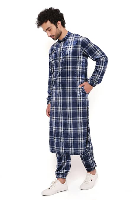 Shop_PS Men By Payal Singhal_Blue Velvet Checkered Bomber Kurta And Joggers Set _Online_at_Aza_Fashions